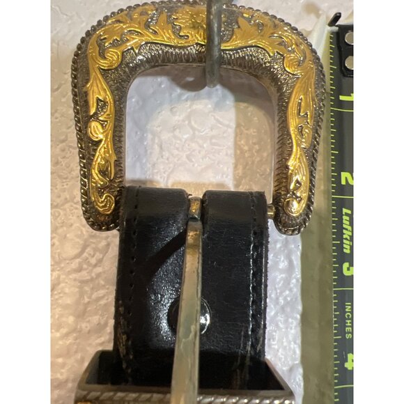 Vtg Western Tooled Leather Belt Silver & Gold Star Conchos Black Sz 38 Unisex - Picture 8 of 14